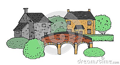 Old english village scene. Color vector sketch hand drawn illustration. Cartoon outline houses, bridge and plants Vector Illustration